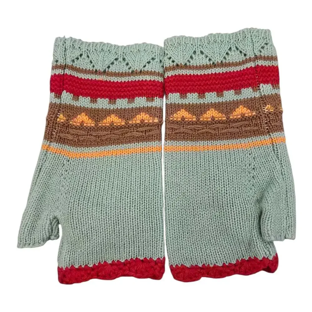 Sage 3D Floral  Embroidered Crochet Trim Knit Fingerless Gloves